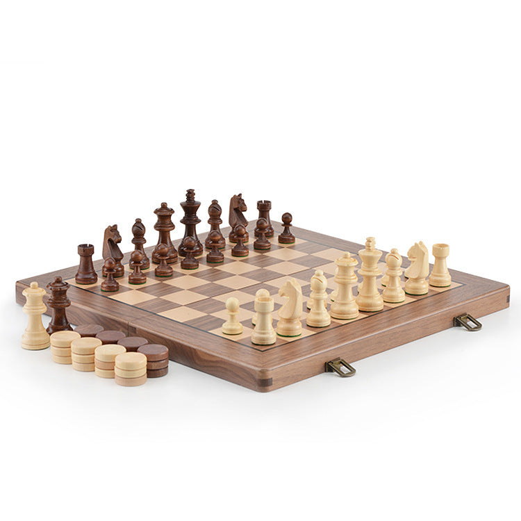 Luxury Walnut Chess & Checkers Set – Solid Wood Folding Game Board with Handcrafted Pieces