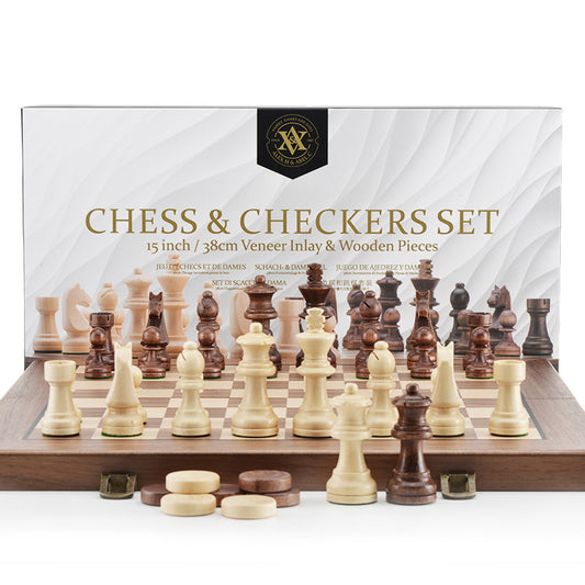 Luxury Walnut Chess & Checkers Set – Solid Wood Folding Game Board with Handcrafted Pieces